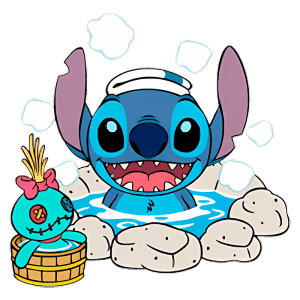 Stitch, personagem divertido da Disney, relaxa em uma banheira com espuma e está cercado por pedras. Ao lado, uma boneca colorida com cabelo amarelo e laço rosa complementa a cena animada.